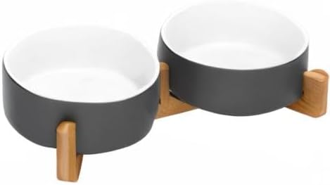 SPUNKYJUNKY Ceramic Dog and Cat Bowl Set with Wooden Stand, Modern Cute Weighted Food Water Set for Small Size Dogs (13.5OZ) & Medium Sized Dogs (28.7OZ) & Cats (1.7 Cups, 2 × White-Grey)