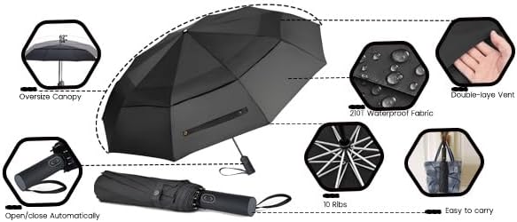 MRTLLOA 49/54/62 Inch Large Folding Golf Umbrella, Oversize Double Canopy Vented 10 Ribs Windproof Compact Travel Umbrellas for Rain