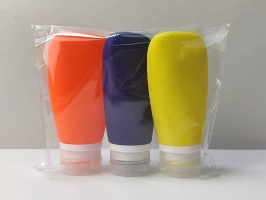 Travel Bottles for Toiletries, TSA Approved 3oz Leak Proof Silicone Refillable Squeeze Travel Size Containers BPA Free for Cleansers, Lotions, Shampoo 3pk (Orange-Blue-Yellow).