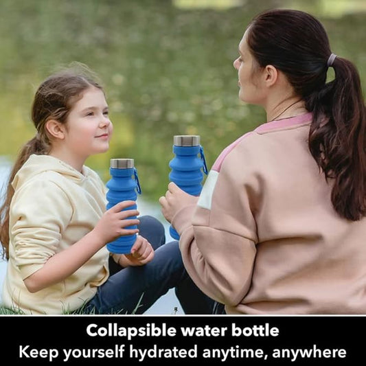 Collapsible Water Bottle (Blue) - Reusable, BPA Free, Silicone, Foldable Portable & Leak Proof - Water Bottles for Travel Gym Camping Hiking - Sports Water Bottle with Carabiner