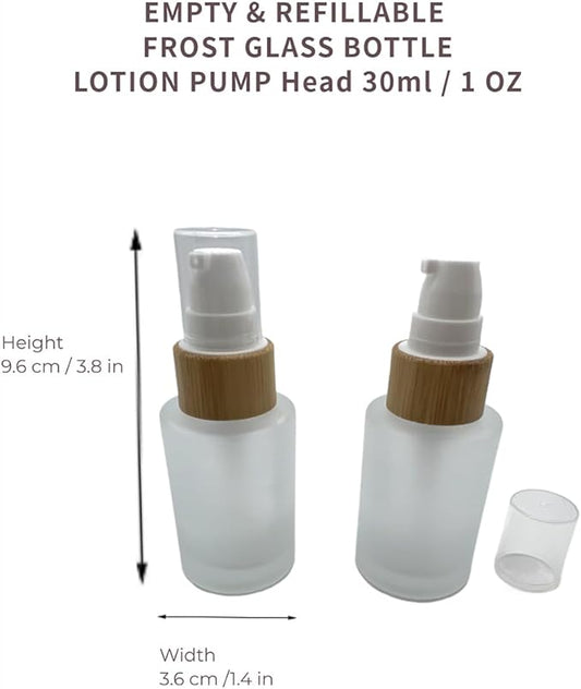 Empty Cosmetic Glass Lotion Bottles 1 oz/30ml 4 PACK with Pump Refillable Dispenser for Emulsion,Moisturizer Cream Liquids,Essential Oil Skin Care Travel Containers(Frost Clear)