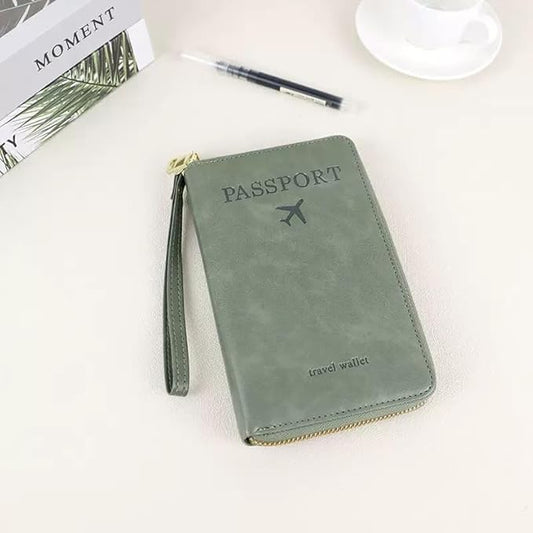 Multi-Functional RFID Passport Wallet,Travel Wallet for Men & Women,With zipper, anti-theft passport holder,Slim Leather Cover for Credit Cards, Tickets, Cash (Green)