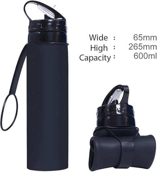 ZZT Collapsible Water Bottles 20oz, BPA Free,Sports Water Bottle,Foldable Travel Water Bottle with Straw Strap for Gym,Cycling, Hiking, Outdoors (Black)