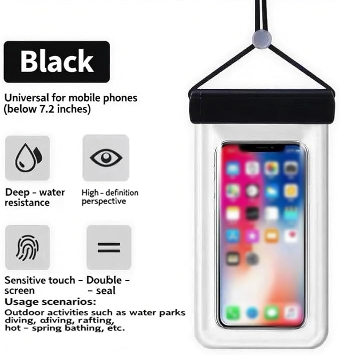 1PCS Waterproof Phone Case - Universal Fit for iPhone 14/13/12 & Android Phones - Submersible Up to 100ft for Kayaking, Fishing, Rain,etc.(Black/White/Pink) (Black)
