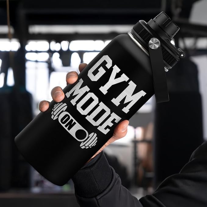 Gym Insulated Engraved Stainless Steel Water Bottle 32oz, Vacuum Chug Lid Travel Tumbler For Men Friends Dad Gymer Trainer, Gym Mode on, Gift for Birthday Christmas Father's Day