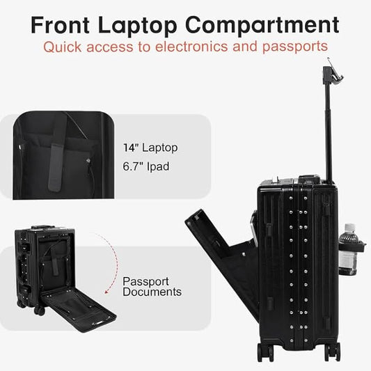 Carry On Luggage 20 Inch, Aluminum Frame Zipperless Luggage, ABS+PC Hard Shell Suitcases, Carry On with Compartment for Short Trips, Suitcase Carry-on TSA Approved (Black)