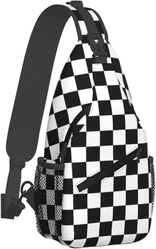 QFXUYNG Black White Race Checkered Flag Adult Sling Bag Unisex Chest Bags Crossbody Backpack Casual Daypacks Shoulder Bag for Women Men Cycling Hiking Travel