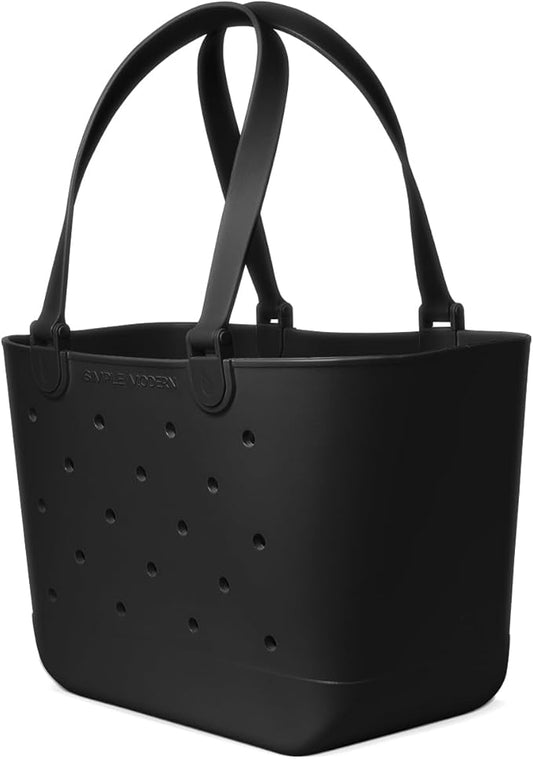 Simple Modern Large Beach Bag | Waterproof Getaway Rubber Tote with Zipper Pocket for Travel, Pool, Boat, Groceries, Sports | Midnight Black