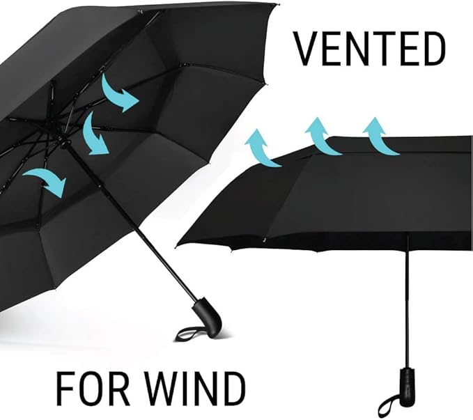 Vented Travel Umbrella | Strong Compact Windproof Umbrella | Top Pick by Wirecutter 2025 | Deep Dome Coverage | Auto Open/Close | Portable Pop Up with Large Coverage | Fits Car & Backpack