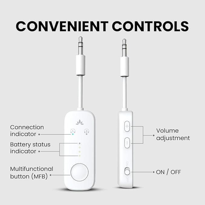 Avantree Relay - Premium Airplane Bluetooth Adapter with Advanced Qualcomm Chipset, 2 Headphones Support, 25hrs Play Time, aptX Adaptive & HD Audio Transmitter for Airpods, Bose & Travel Flight