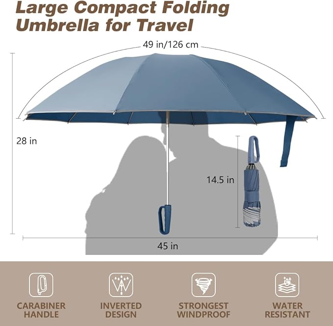 TOPSAIL 10 Ribs Inverted Umbrella with Carabiner Handle, Large Strong Windproof Umbrellas for Rain & Sun, 49" Portable Reverse Folding Compact Travel Umbrella with Safe Reflective Strip, for Women Men