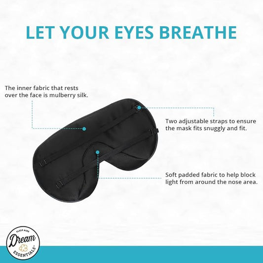 Dream Essentials Ultra Silk 360 Sleep Mask, Mulberry Silk Blindfold Eye Mask with 2 Fully Adjustable Straps, Thin Profile Night Mask Great for Side, Stomach, or Back Sleepers - Black