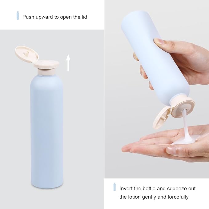 ASEVAT 8.8 oz Plastic Travel Refillable Shampoo Bottles, Empty Squeeze Bottles with Flip Cap, Travel Containers for Shampoo, Conditioner, Lotion, Cream and Liquids (4 Pcs)