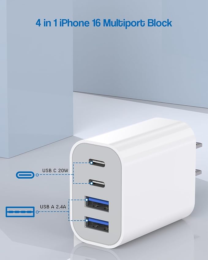40W iPhone 17 16 Charger Block,2Pack 4-Port Fast USB C Charger Blocks,Multiport PD Power Adapter & QC Phone Charging Apple Adapter for iPhone 17 Air/17 Pro Max/16e/16 Pro/15/15Pro Max/14/13/12/11/iPad