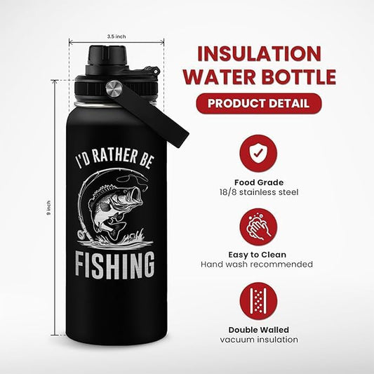 Fishing Insulated Engraved Stainless Steel Water Bottle 32oz, Vacuum Chug Lid Travel Tumbler for Men Friends Dad Grandpa Fisherman, I'd Rather Be Fishing, Gift for Birthday Christmas Father's Day