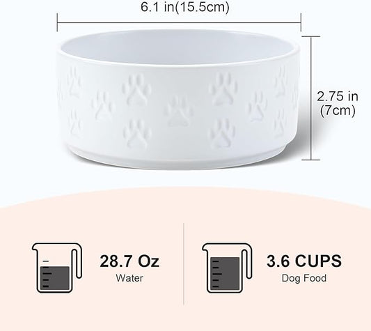 SPUNKYJUNKY Ceramic Dog and Cat Bowls 2 Pack, 6.1'' Dog and Cat Food Water Double Feeding Bowls Non-Slip for Large Sized Breed Microwave Dishwasher Safe - 28.7 OZ, 2pcs, Paw White