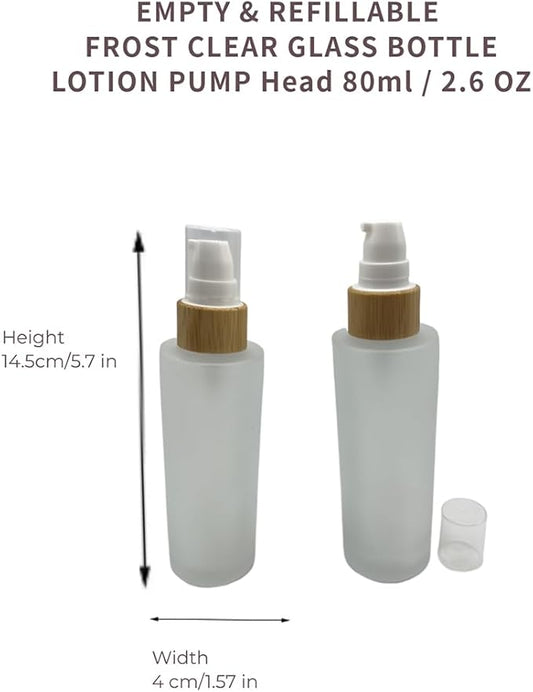 Empty Cosmetic Glass Lotion Bottles 2.6oz/80ml 4 PACK with Pump Refillable Dispenser for Emulsion,Moisturizer Cream Liquids,Essential Oil Skin Care Travel Containers(Frost Clear)