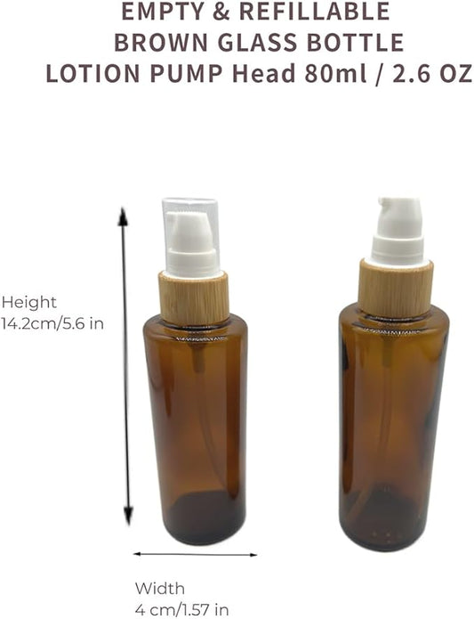Empty Cosmetic Glass Lotion Bottles 2.6oz/80ml 4 PACK with Pump Refillable Dispenser for Emulsion,Moisturizer Cream Liquids,Essential Oil Skin Care Travel Containers(Brown Clear)