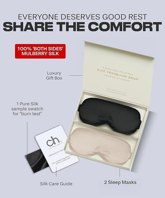 SUNDAYSILKS⢠3D Contoured Silk Sleep Mask | Padded Silk Eye Mask with Eye Cups for Lash Extensions | Blackout, Organic for Women & Men, Perfect for Travel, Slip-Free Deep Sleeping (2PK)