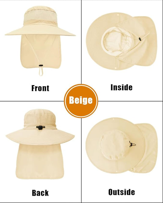 Outdoor Sun Hats with Stowable Neck Flap for Men Women UPF 50+ Mesh Summer Bucket Hat Wide Brim for Fishing Safari Hiking