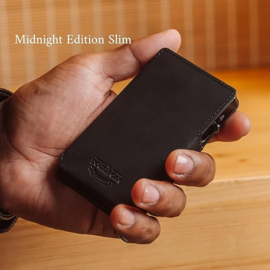 Double Oak Essentials SLIM Leather Pop-up Wallet — Removable Cardholder Design with Locking Mechanism - RFID Blocking, Top Grain Cowhide Leather (Midnight Edition)