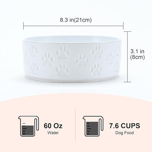 SPUNKYJUNKY Ceramic Dog Bowls 2 Pack, 8.3'' Dog Food Water Double Feeding Bowls Non-Slip for Medium to Large Sized Breed Microwave Dishwasher Safe - 60 OZ, 2pcs, Paw White