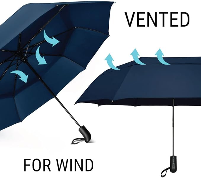 Vented Travel Umbrella | Strong Compact Windproof Umbrella | Top Pick by Wirecutter 2025 | Deep Dome Coverage | Auto Open/Close | Portable Pop Up with Large Coverage | Fits Car & Backpack