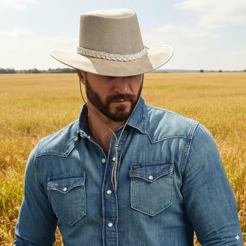 American Hat Makers Breeze Leather & Mesh Sun Hat | Wide Brim, UPF50, Breathable & Adjustable | Perfect for Outdoors