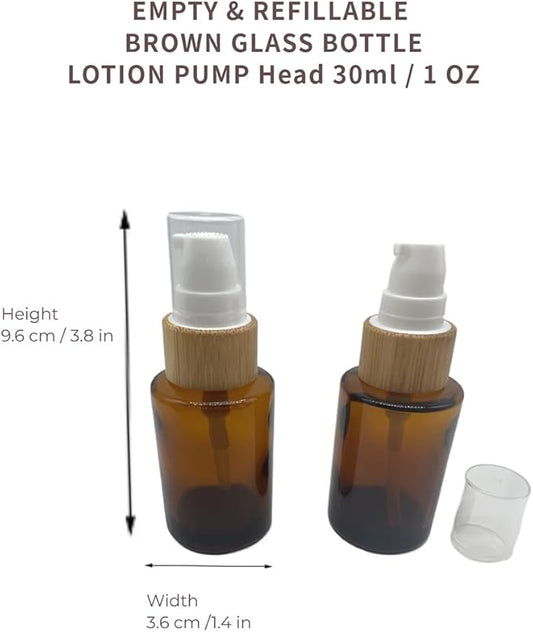 Empty Cosmetic Glass Lotion Bottles 1 oz/30ml 4 PACK with Pump Refillable Dispenser for Emulsion,Moisturizer Cream Liquids,Essential Oil Skin Care Travel Containers(Brown Clear)