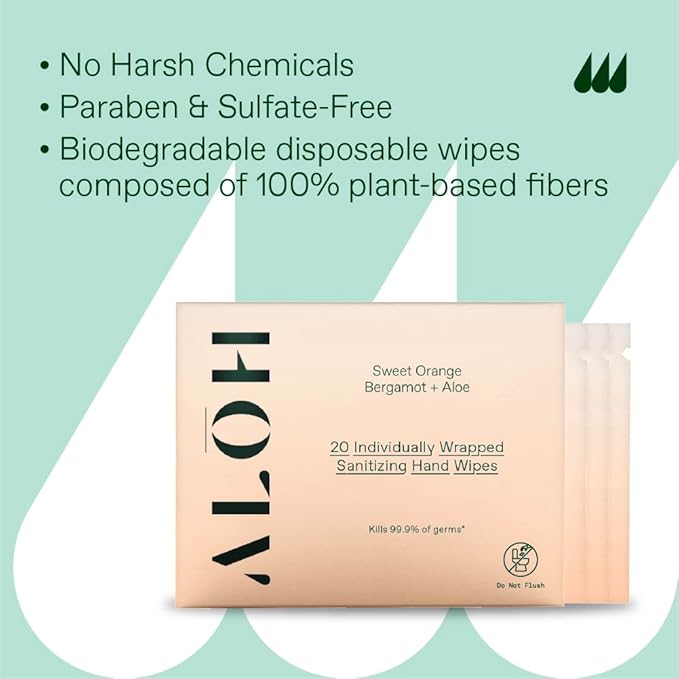 ALŌH Skin - Softening Sanitizing Hand Wipes – Sweet Orange Bergamot (1 Box of 20 Individual Wrapped Wipes)