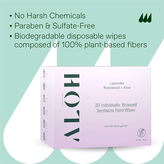 ALŌH Skin- Softening Sanitizing Hand Wipes – Lavender Rosewood + Aloe -1 box of 20ct Individually Wrapped Wipes