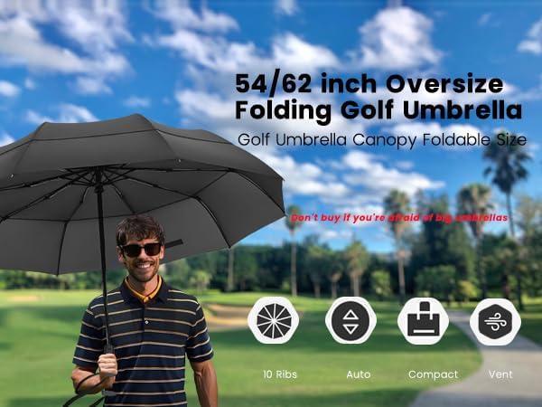 MRTLLOA 49/54/62 Inch Large Folding Golf Umbrella, Oversize Double Canopy Vented 10 Ribs Windproof Compact Travel Umbrellas for Rain