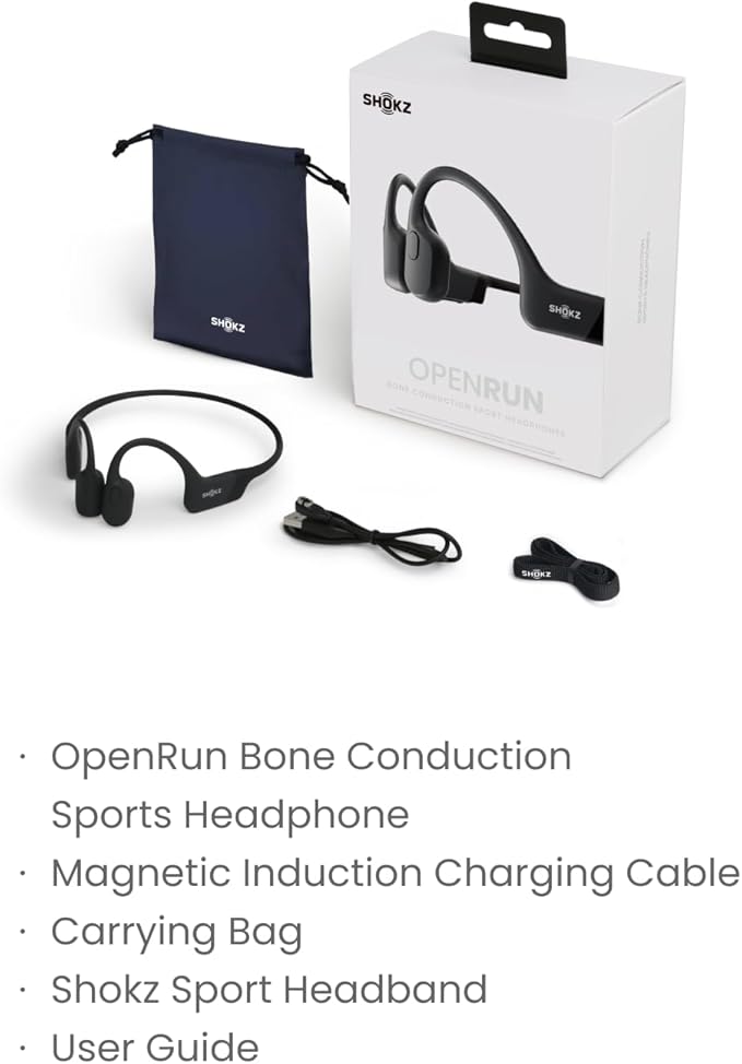 SHOKZ OpenRun Bone Conduction Headphones,Open-Ear Bluetooth Wireless Sport Headphones for Running & Workout,Sweat Resistant, Long 8H Playtime,Mic,Hair Band-Standard-Black