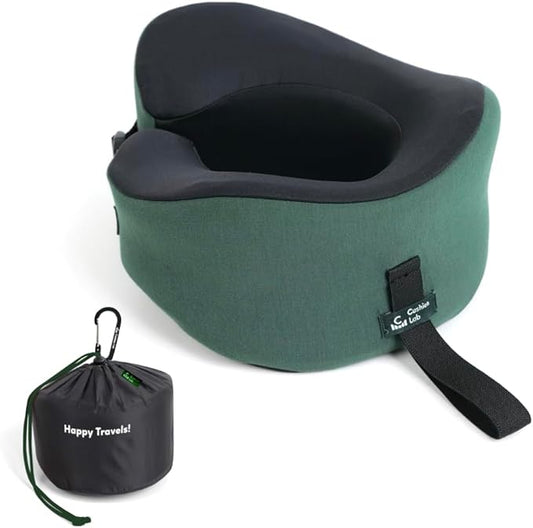 C CUSHION LAB Travel Pillow, Award-Winning Patented Ergonomic Design for Chin & Neck Support Memory Foam Neck Pillow, Compact Airplane Pillow for Traveling, Flight, Car (Hunter Green, Large)