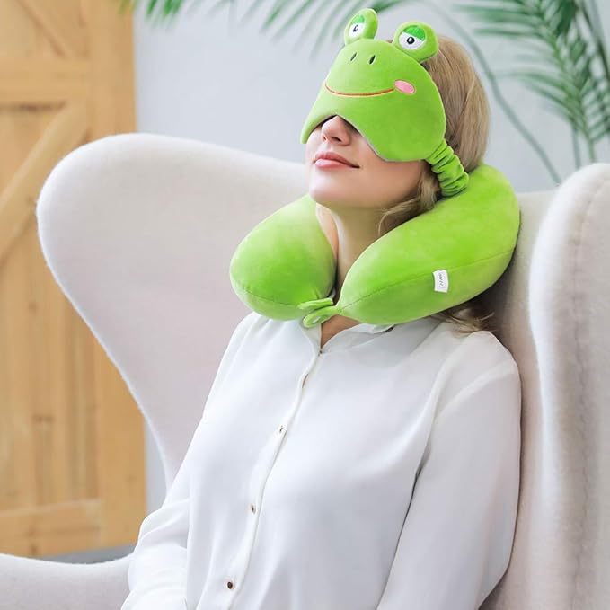 Umerci Travel Pillow, Memory Foam Neck Pillow with 360-Degree Head Support Comfortable Airplane Pillow with Storage Bag Lightweight Traveling Pillow for Sleeping, Car, Train, Bus and Home Use (Frog)