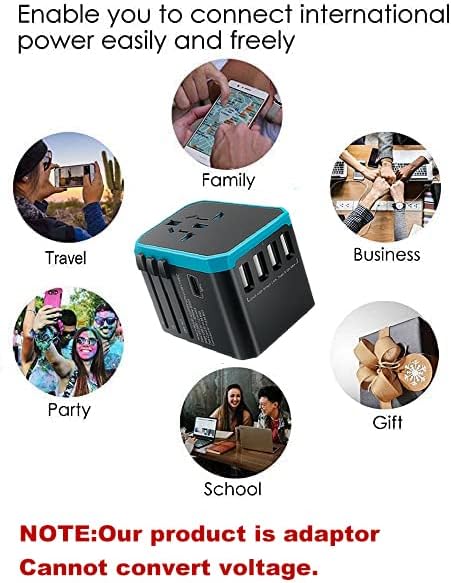 International Adapter for Travel, Universal for Selective Dual Voltage Hair Dryer, Straightener, All USB Devices Phones, Worldwide Charger Plug 5 Fast USB 8A AC Outlet UK European Asia 200+ (Blue)