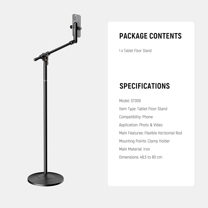 NEEWER BASICS Phone Floor Stand with Horizontal Extension Arm, Adjustable Bed Phone Holder Clamp Mount Compatible with iPhone 16 15 Pro Max Plus Samsung for Video Recording, Weighted Metal Base, ST009