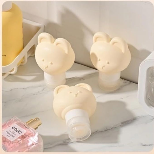 Cute Bear Travel Bottles Set for Toiletries 3 Pack 2.8oz 80ML Leak Proof Silicone Containers for Conditioner Shampoo Lotion (Beige)