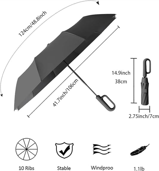 Travel Folding Golf Umbrella 10 Ribs Automatic Open/Close,Lightweight Compact Portable Backpack Car Parasol Outdoor,Sun/Rain,Anti 99 UV Protection UPF 50,Men Women Carabiner Handle Design