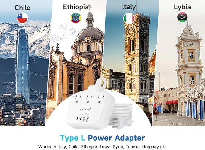 Italy Travel Plug Adapter with 5FT Extension Cord, meta-ant Italy Power Adapter with 3 American Outlets 4 USB Ports(2 USB-C), Type L Adapter for US to Italy Chile Ethiopia Libya Syria Tunisia Uruguay
