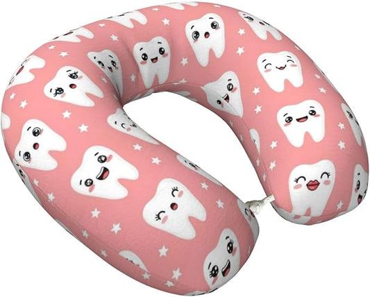 Travel Neck Pillow for Pain Relief Sleeping, Cute Dental Teeth Pink, Comfortable Memory Foam Chin Head Cushion Support with Zip Cover, Fashion Car Flight Pillows