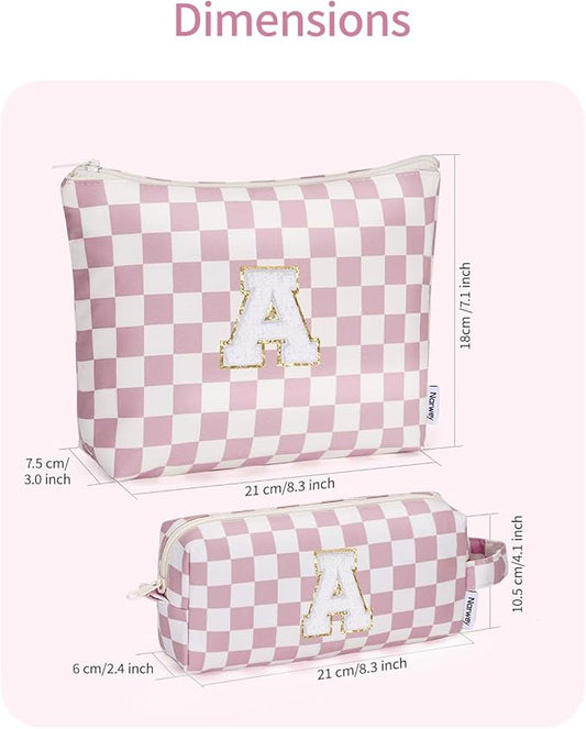 Narwey 2 Piece Personalized Initial Makeup Bag Checkered Cosmetic Bags, 6 8 10 11 12 13 14 16 18 Years Old Teen Girl Gifts Trendy Stuff Birthday Gifts for Women, Travel Toiletry Bag (Pink Letter A)