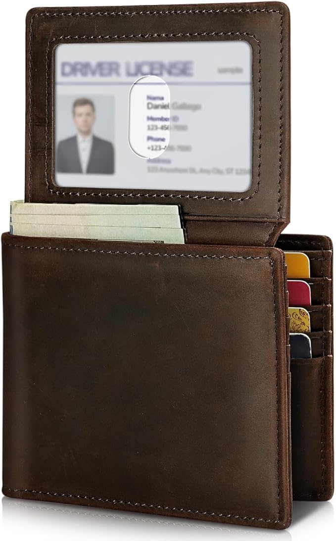 Artpaxy Mens Wallet Genuine Leather Bifold RFID Blocking Wallet for Men with 2 ID Windows 12 Card Holders 2 cash pockets 1 Gift Box