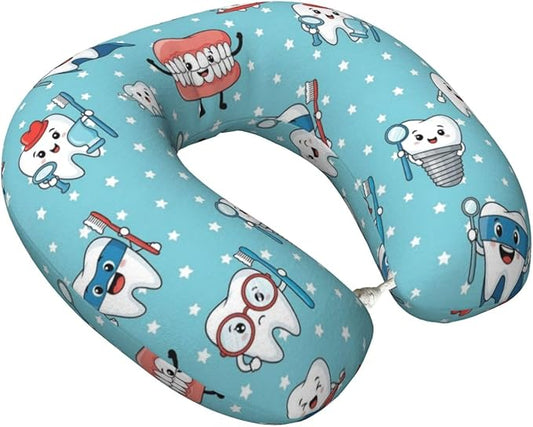 Unique Travel U Shaped Pillows Cute Dental Teeth Blue for Airplanes Car Flight, Comfortable Chin Head Neck Cushion Supporting, Polyester Removable Cover