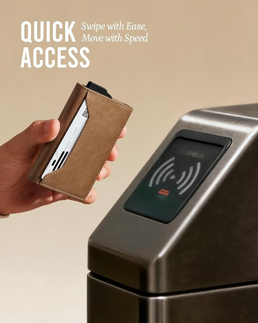 YESIIW Premium Genuine Leather Wallet for Men - Pop up Slim wallet for 8-10 Card Capacity | 1 ID Window | Cash Slot - Smart Mens Wallet Card Case with RFID Blocking - Thin, Front Pocket (Brown)