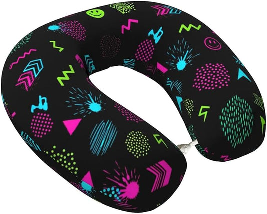 Breathable Neck Pillow for Sleeping Rest Nap 80s 90s Geometric, Airplanes/Car/Home Memory Foam Travel Cushion with Polyester Cover Washable for Women Men
