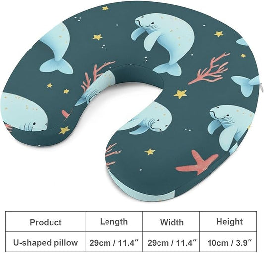 Kids Washable U-Shaped Travel Pillow Neck Support, Manatee Animals U-Shape, Airplane Car Nap Chin Cushion