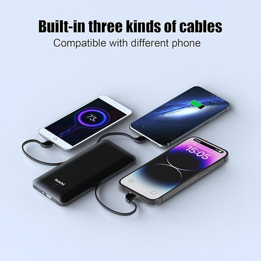 Portable Power Bank, Ultra Slim 10000mAh Portable Charger with Built in Cable, USB C External Battery Pack with Built-in AC Wall Plug Compatible with iPhone Smartphone Tabletβ¦