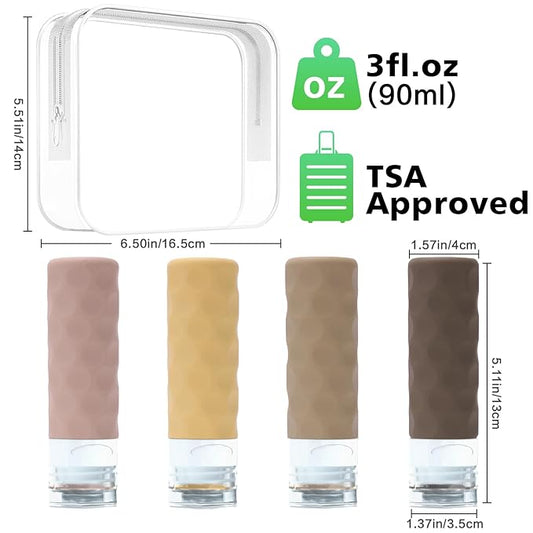 Travel Bottles for Toiletries, 4pcs Tsa Approved 3oz Travel Size Containers, BPA Free Leak Proof Premium Silicone Bottles, Refillable Liquid Squeezable Accessories W/Toiletry Bag(Apricot)