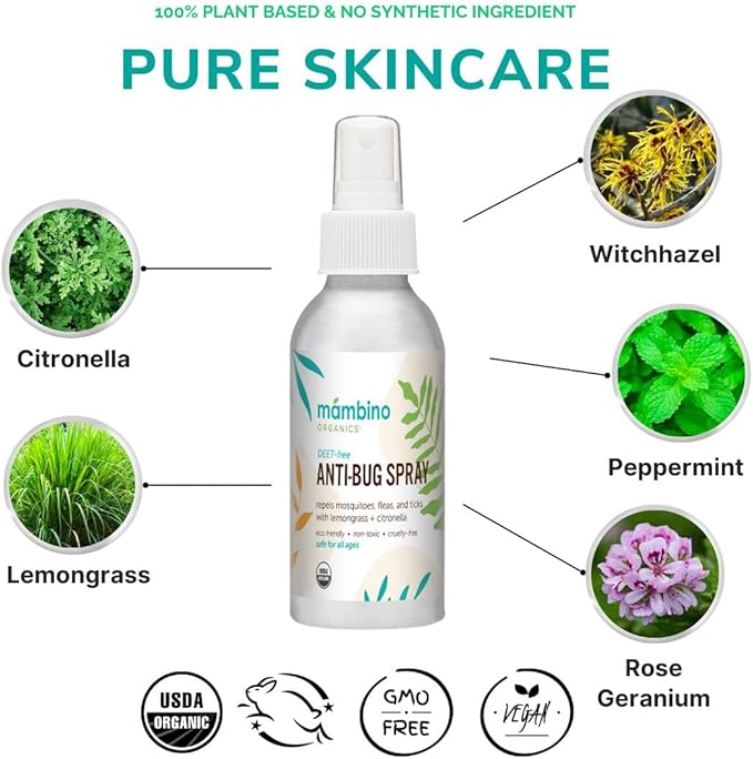 Mambino Organics Anti-Bug Spray, DEET-Free, Organic Mosquito Repellent with Essential Oils, Reef Safe, Face-Safe Protection for Babies, Kids, and Adults, Travel Bug Spray, 4oz